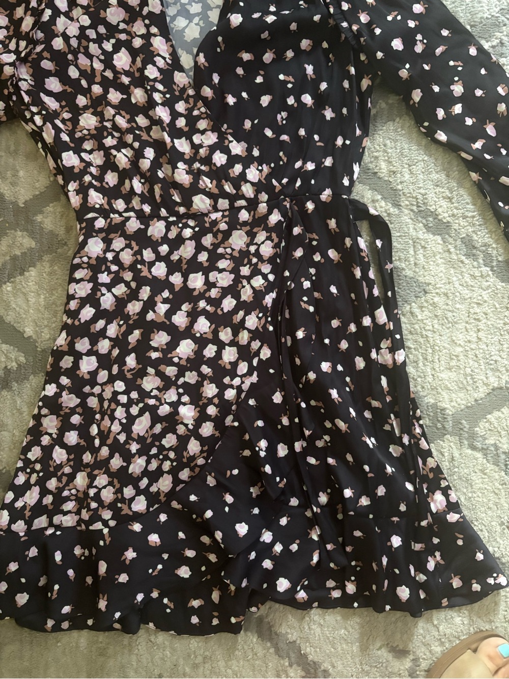 PAIGE Black Midi Dress with Light Pink Floral Print Silk